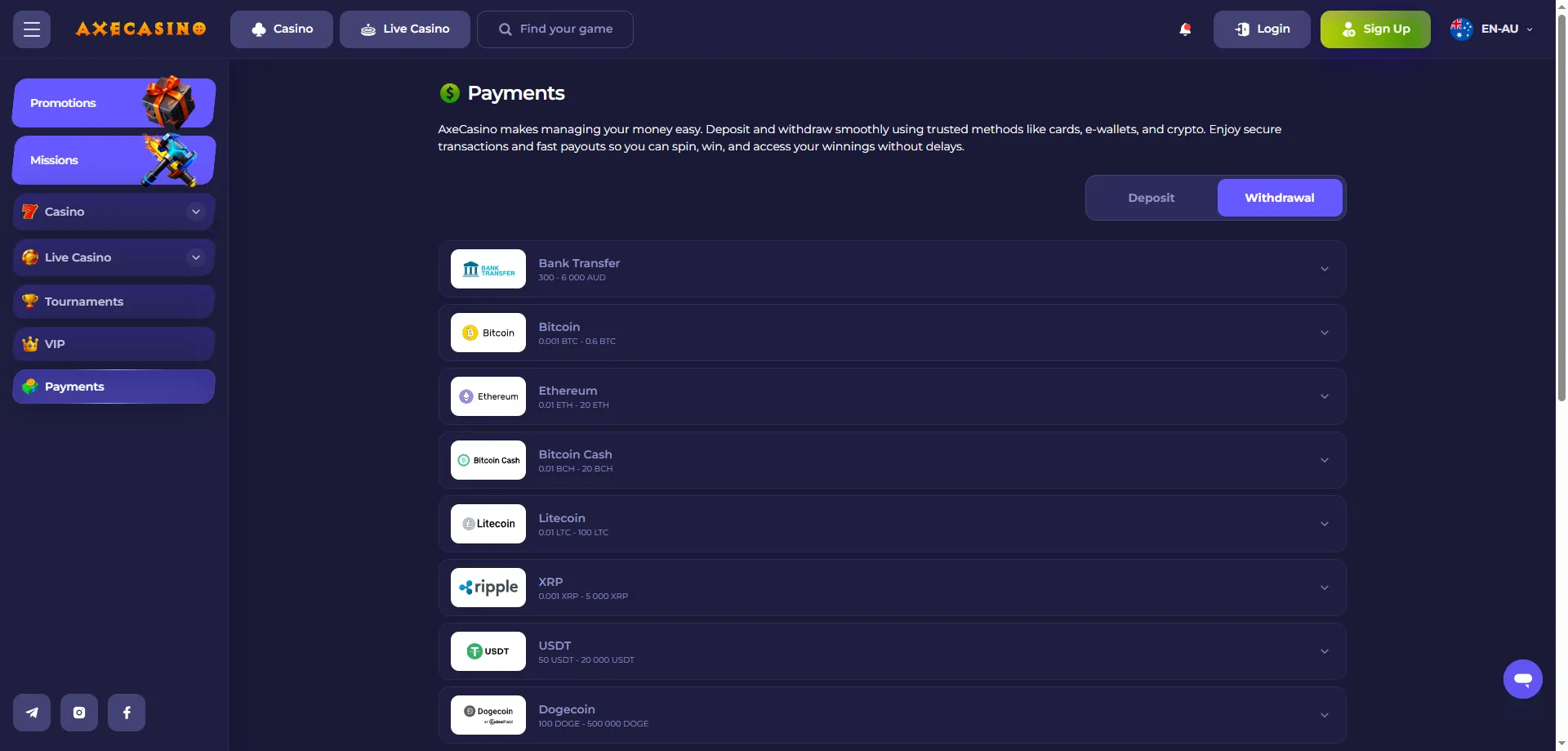 AxeCasino payment methods